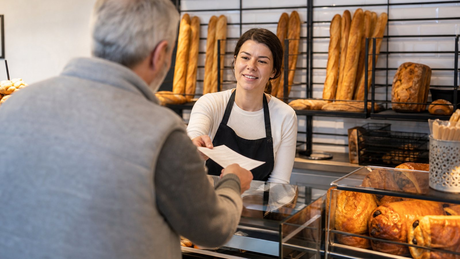 Commerçante détaillant les frais de livraison sur un bon de commande au comptoir de sa boutique