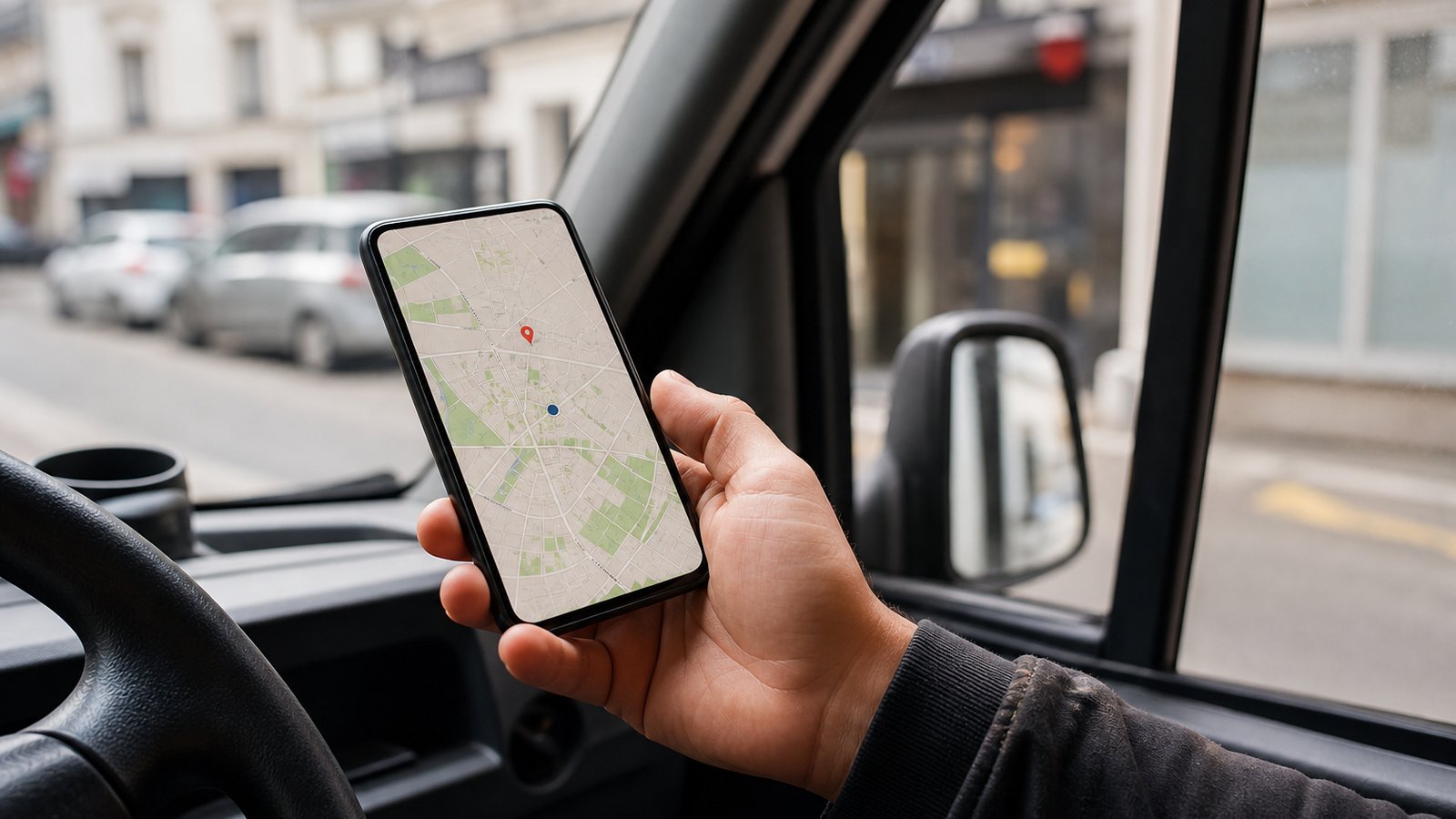 Livreur consultant une application sur son téléphone dans un véhicule