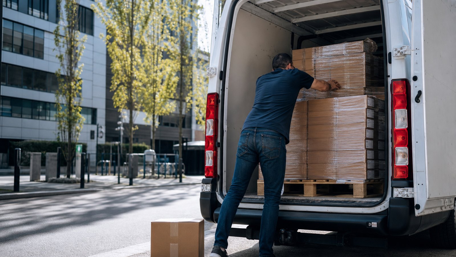 Chargement d'un véhicule de livraison devant un commerce